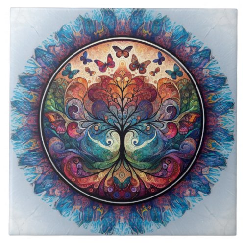 Rainbow Tree of Life Ancient Rustic Ceramic Tile