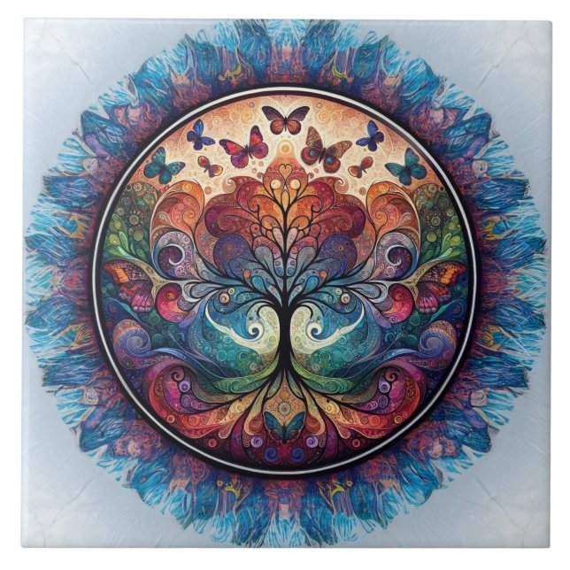 Rainbow Tree of Life Ancient Rustic Ceramic Tile (Front)