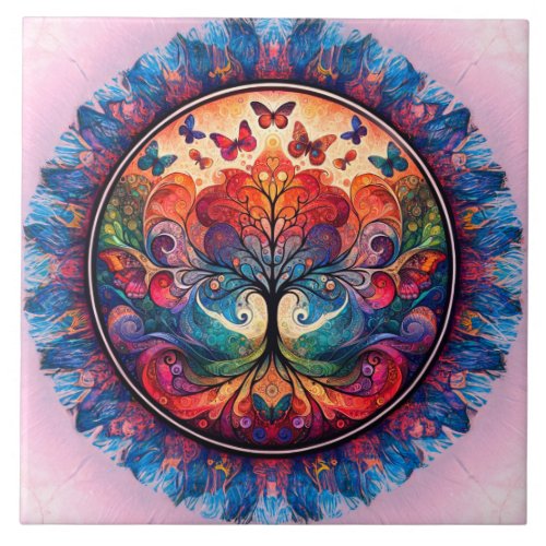 Rainbow Tree of Life Ancient Rustic Ceramic Tile