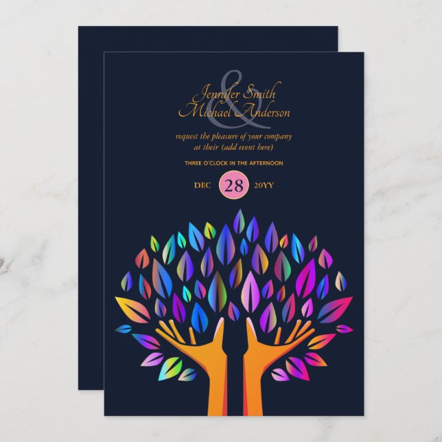Rainbow Tree of Life COUPLES Event Navy Gold Invitation (Front/Back)