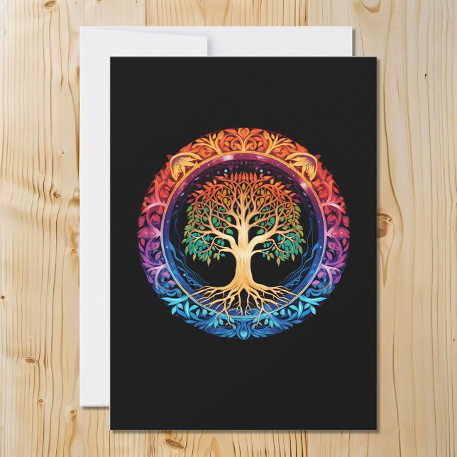 Rainbow Tree of Life on a Black Background Holiday Card (Creator Uploaded)