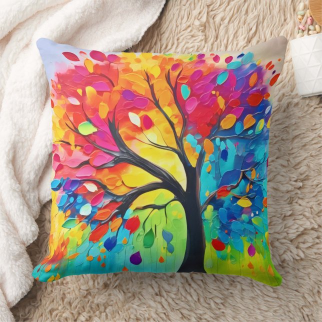 Rainbow Tree of Life Painting Throw Pillow (Blanket)