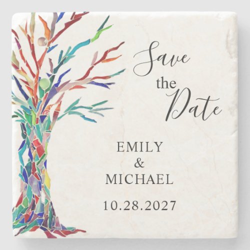 Rainbow Tree Wedding Save The Date  Stone Coaster