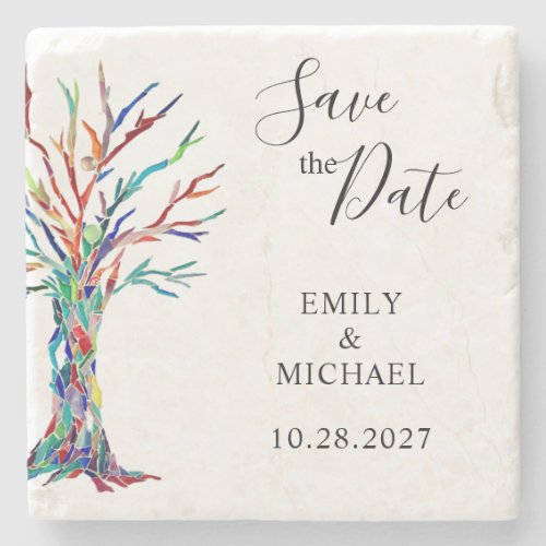 Rainbow Tree Wedding Save The Date  Stone Coaster