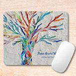 Rainbow Tree Yoga Instructor Mouse Pad<br><div class="desc">Rainbow Tree Yoga Instructor Mouse Pad. This decorative mouse pad features a print of a rainbow colored tree on a pale gray background. The original design was made in mosaic using many tiny fragments of brightly colored glass. You can personalise this mouse pad by adding your name and occupation. Original...</div>