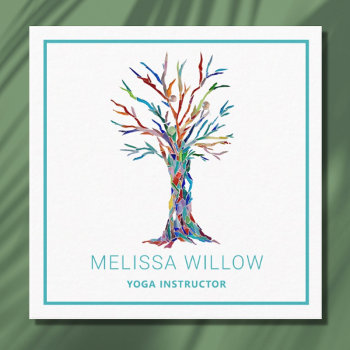 Rainbow Tree Yoga Instructor Square Business Card by SewMosaic at Zazzle