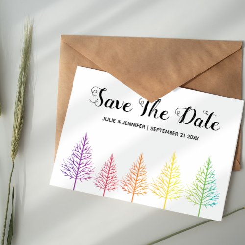 Rainbow trees and confetti lesbian Save the Date Announcement Postcard