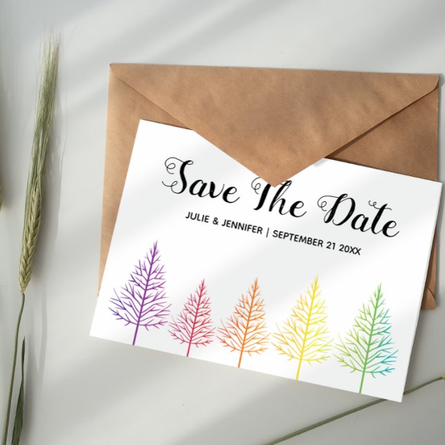 Rainbow trees and confetti lesbian Save the Date Announcement Postcard (Creator Uploaded)