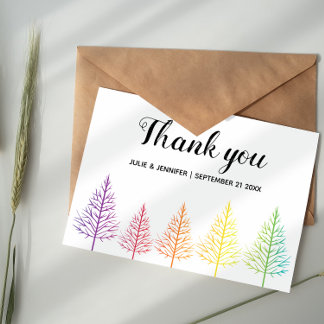 Rainbow trees, confetti lesbian wedding Thank You Card