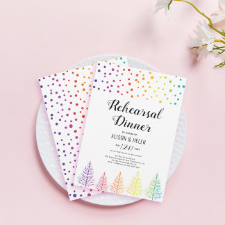 Rainbow trees lesbian wedding rehearsal dinner invitation