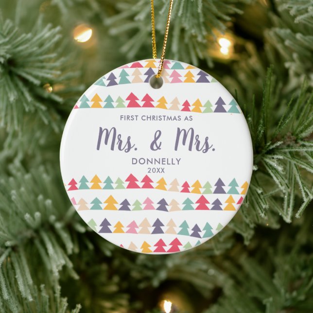Rainbow Trees Personalized Newlywed Mrs Mrs Couple Ceramic Ornament (Tree)