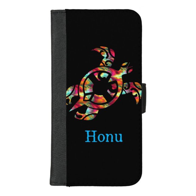 Rainbow Tribal Hawaiian Sea Turtle on Black iPhone Wallet Case (Front)