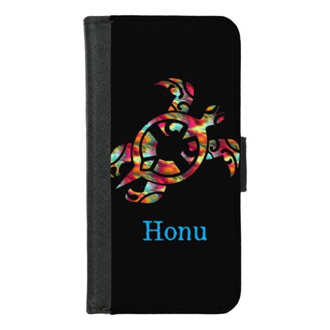 Rainbow Tribal Hawaiian Sea Turtle on Black iPhone Wallet Case (Front)