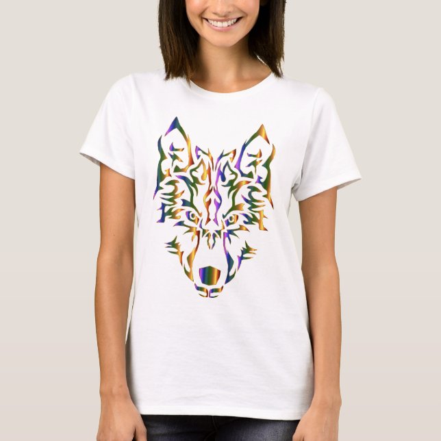 Rainbow Tribal Wolf Head (Looking Forward) T-Shirt (Front)