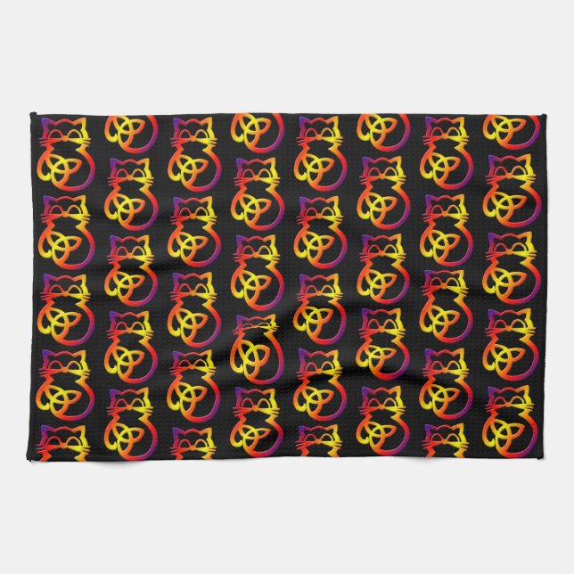 Rainbow Trinity Knot Celtic Cat Kitchen Towel (Horizontal)
