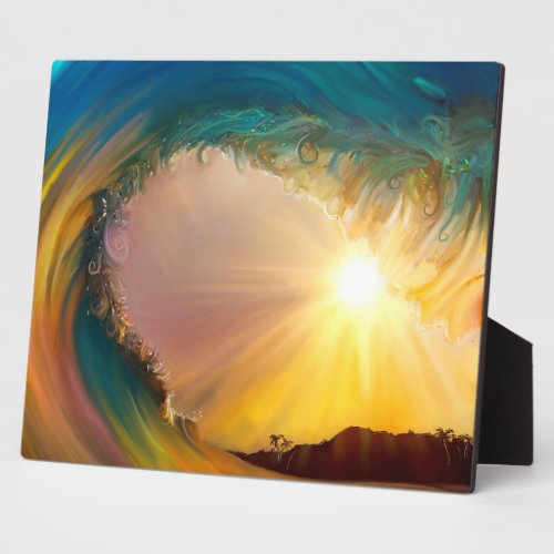 Rainbow tropical wave ride at sunset painting plaque