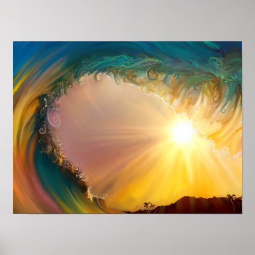 Rainbow tropical wave ride at sunset painting poster