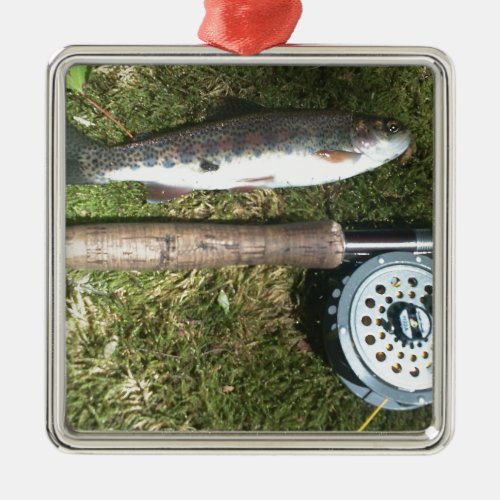 rainbow trout and fly fishing reel metal ornament