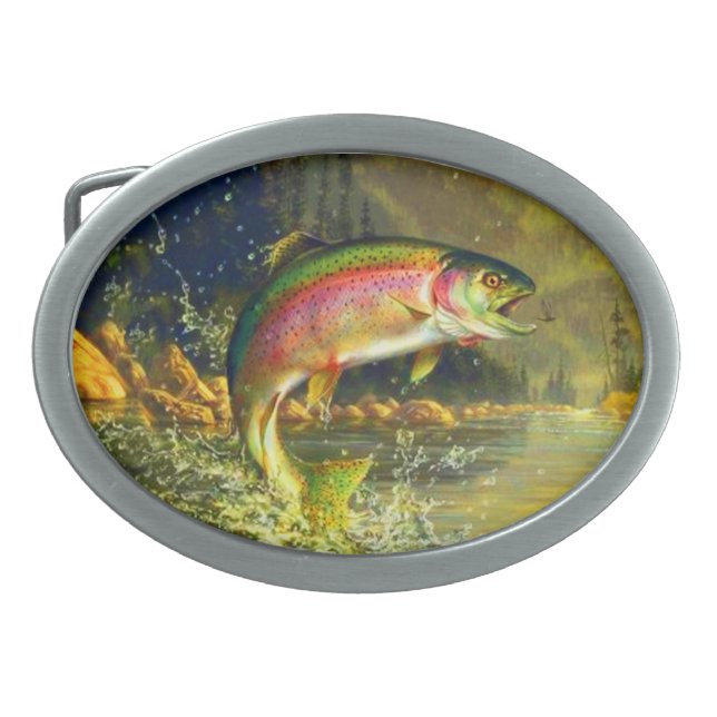 Rainbow Trout Fish Jumping for a Bug Oval Belt Buckle (Front)