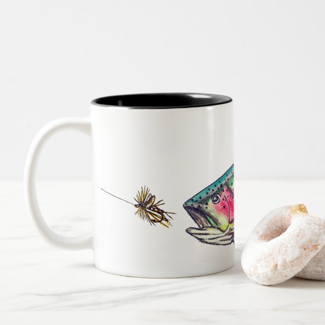 Rainbow Trout Fly Fishing Two-Tone Coffee Mug (With Donut)
