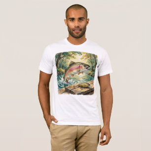 Rainbow trout jumping in forest stream watercolor T-Shirt