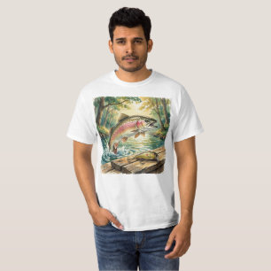 Rainbow trout jumping in forest stream watercolor T-Shirt