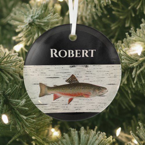 Rainbow Trout Rustic Aspen Bark Background, Trout  Glass Ornament