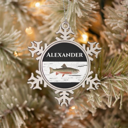 Rainbow Trout Rustic Aspen Bark Background, Trout  Snowflake Pewter Christmas Ornament