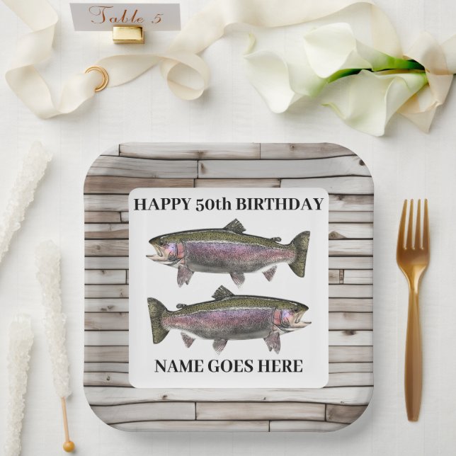 Rainbow Trout Rustic Fishing Outdoors Birthday Paper Plates (Wedding)