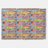 Vintage Rainbow Trout Fly Fishing Throw Blanket