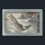 Rainbow Trout, Vintage Fisherman Fishing for Fish Belt Buckle<br><div class="desc">Vintage illustration sports design featuring a fisherman fishing in a river. A rainbow trout is splashing and jumping out of the water.</div>