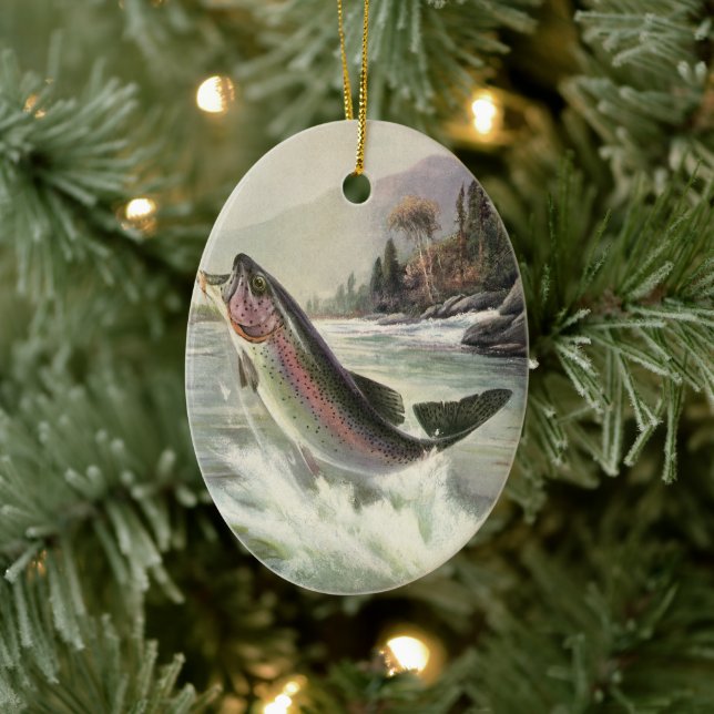 Rainbow Trout, Vintage Fisherman Fishing for Fish Ceramic Ornament (Tree)