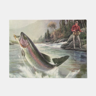 Rainbow Trout, Vintage Fisherman Fishing for Fish Doormat