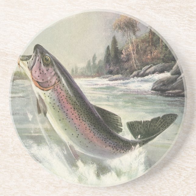 Rainbow Trout, Vintage Fisherman Fishing for Fish Drink Coaster (Front)