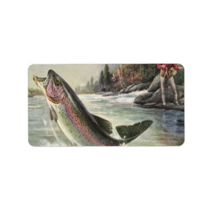 Rainbow Trout, Vintage Fisherman Fishing for Fish Label