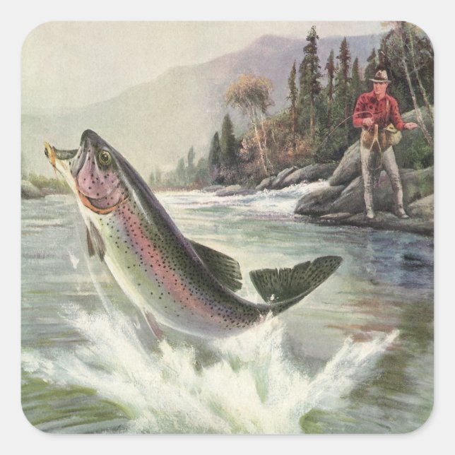 Rainbow Trout, Vintage Fisherman Fishing for Fish Square Sticker (Front)