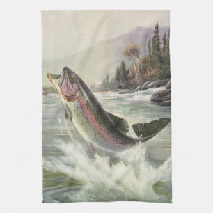 Rainbow Trout, Vintage Fisherman Fishing for Fish Towel