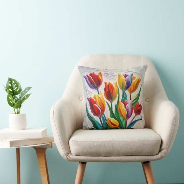 Rainbow Tulip Bouquet Throw Pillow (Chair)