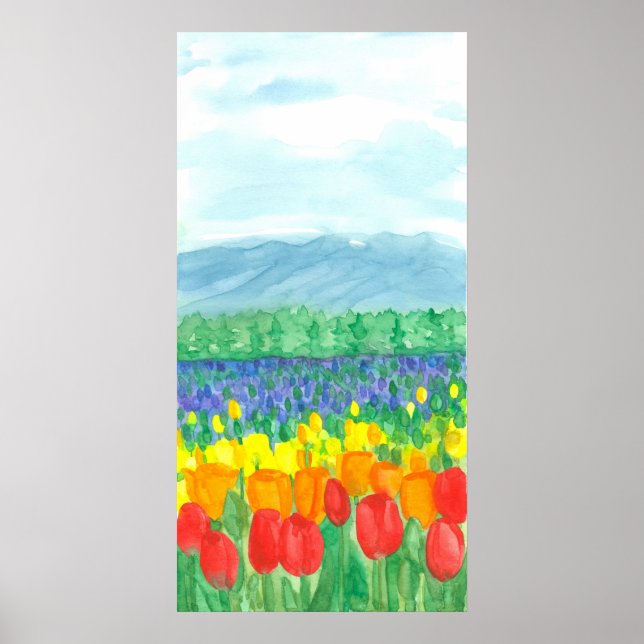 Rainbow Tulip Field Watercolor Flowers Poster (Front)