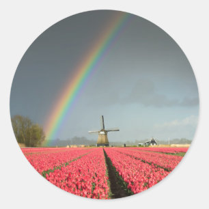 Rainbow, tulips and windmill round sticker