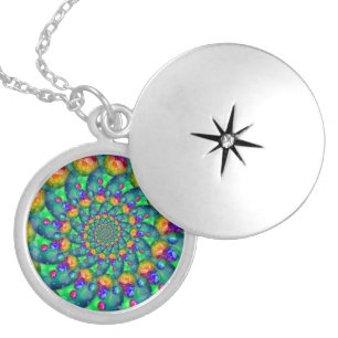 Rainbow Turquoise Bokeh Fractal Silver Plated Necklace
