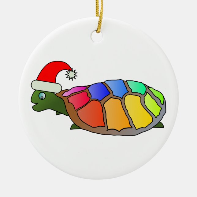 Rainbow Turtle with Santa Hat Ceramic Ornament (Front)