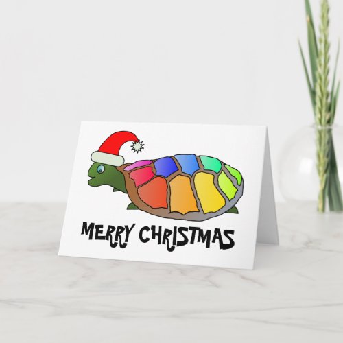 Rainbow Turtle with Santa Hat Holiday Card