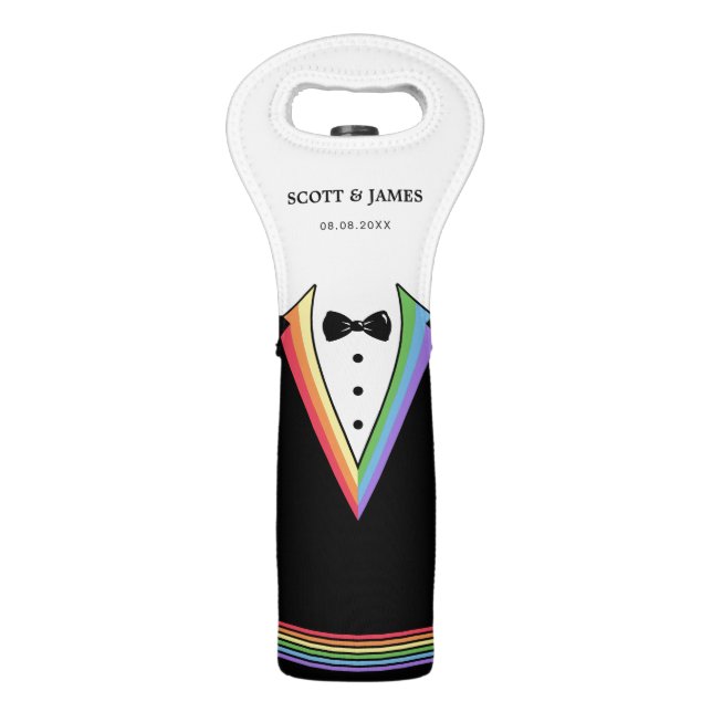Rainbow Tuxedo Gay LGBTQ+ Wedding Party  Wine Bag (Front)
