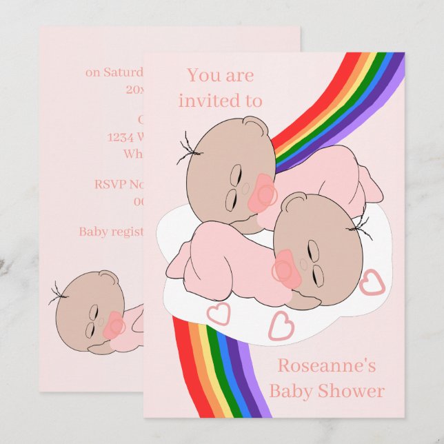Rainbow Twin Baby Girls Baby Shower Invitation (Front/Back)