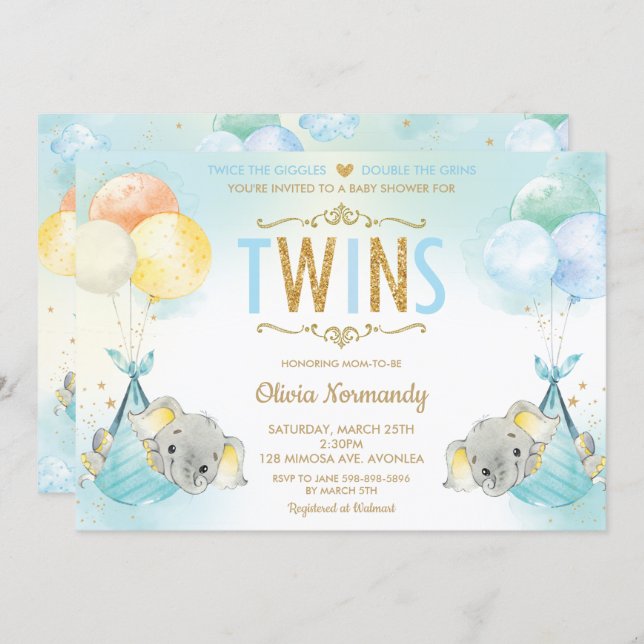 Rainbow Twin Boys Elephant Baby Shower Sprinkle Invitation (Front/Back)