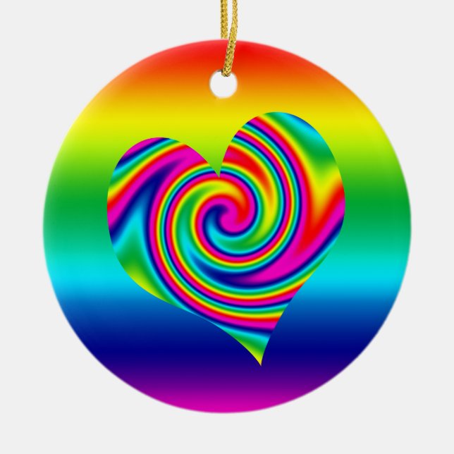 Rainbow Twirl Heart Ceramic Ornament (Front)