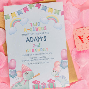 Rainbow two-a-saurus 2nd Birthday Blue Dinosaur Invitation