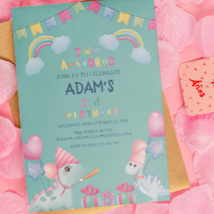 Rainbow two-a-saurus 2nd Birthday Party Dinosaur Invitation