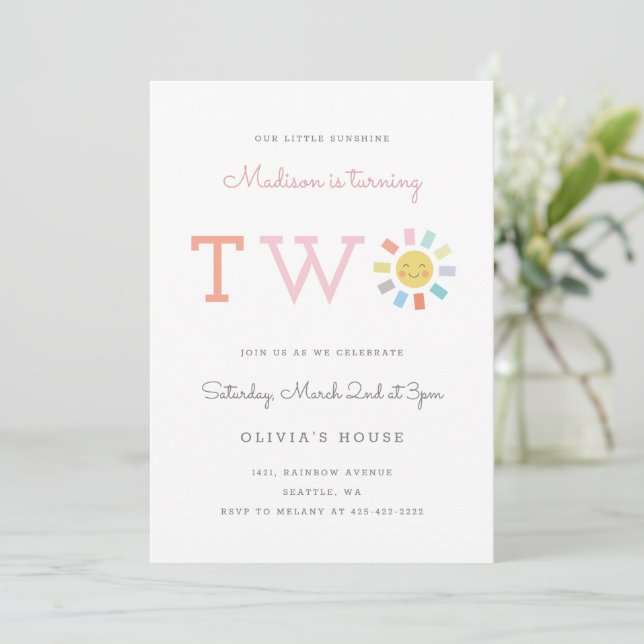 Rainbow Two Kid's birthday party sunshine Invitation (Standing Front)